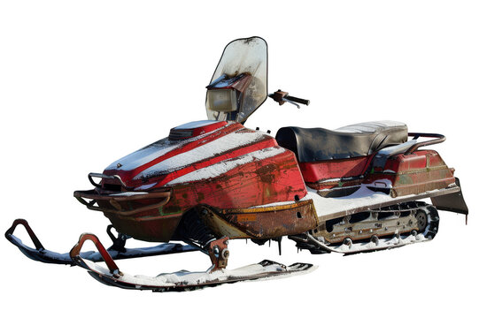 Old red snowmobile covered in snow on transparent background