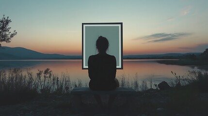 Woman Sitting on Bench by Tranquil Lake at Sunset
