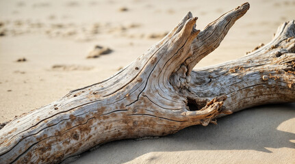 Naklejka premium Weathered Driftwood Log on Sandy Beach with Detailed Texture and Natural Patterns