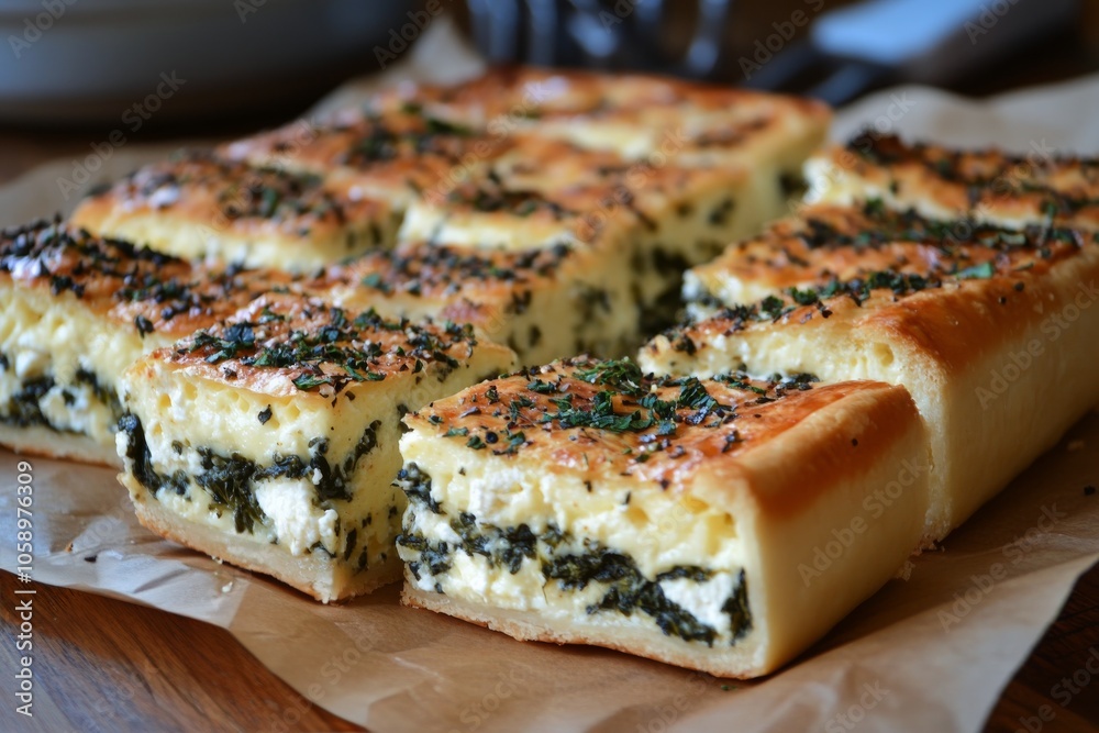 Wall mural A delicious homemade quiche with spinach and cheese on a wooden kitchen countertop in the evening