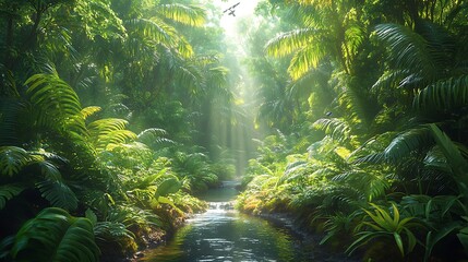 Fototapeta premium A sunbeam pierces through the dense foliage of a tropical rainforest, illuminating a small creek winding its way through the lush vegetation.