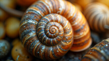 Macro Photograph of a Spiral Snail Shell with Intricate Texture and Earthy Colors, Highlighting Natural Patterns and Organic Geometry