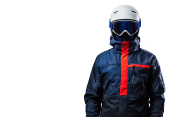Skier in helmet and glasses with copy space on transparent background