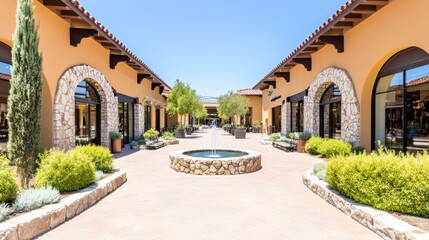 Naklejka premium Outdoor shopping center with palm trees, shops, and a sunny ambiance, creating a warm, inviting retail environment for visitors.