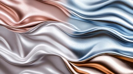 Obraz premium Elegant metallic waves in soft rose gold, silver, and blue tones create a flowing, liquid-like texture with a luxurious and futuristic feel. AI generative.