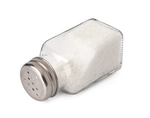 Salt shaker isolated. Heap of organic salt on white background.