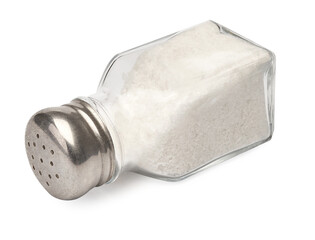 Salt shaker isolated. Heap of organic salt on white background.