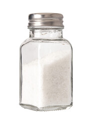 Salt shaker isolated. Heap of organic salt on white background.