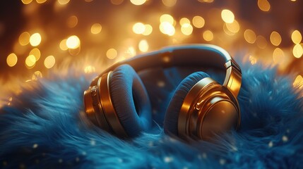 Fototapeta premium Exquisite golden headphones rest on a plush blue cushion, illuminated by soft bokeh lights, evoking luxury and tranquility for music lovers.