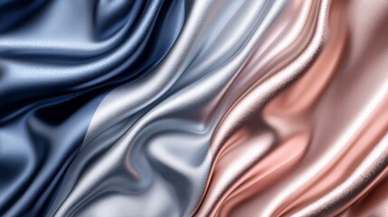 Obraz premium Elegant metallic waves in soft rose gold, silver, and blue tones create a flowing, liquid-like texture with a luxurious and futuristic feel. AI generative.