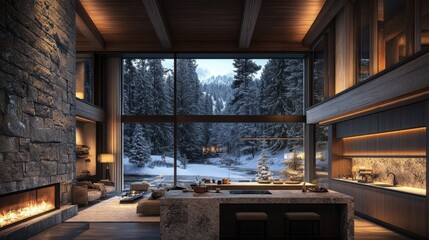 A cozy mountain cabin interior with a stunning winter landscape view showcasing elegance and warmth in a snowy retreat