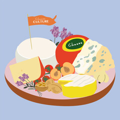 National Cheese Lovers Day. Various types of vector cheese set. Curd product for design, recipe book, advertising or restaurant menu. Brie cheese, dorblu, cheddar, parmesan, camembert