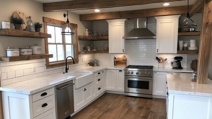 Fototapeta premium Elegant farmhouse kitchen with wooden accents, modern appliances, and bright natural light creating a welcoming culinary space