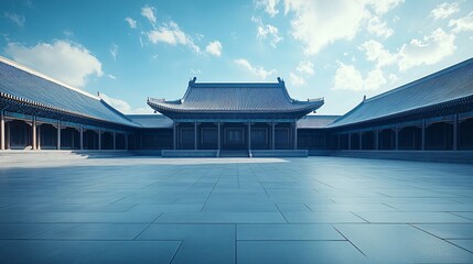 Obraz premium Traditional Chinese Architecture with Platform, Road, and Parking Area on Brick Surface for Automotive Advertisement Featuring Blank Background
