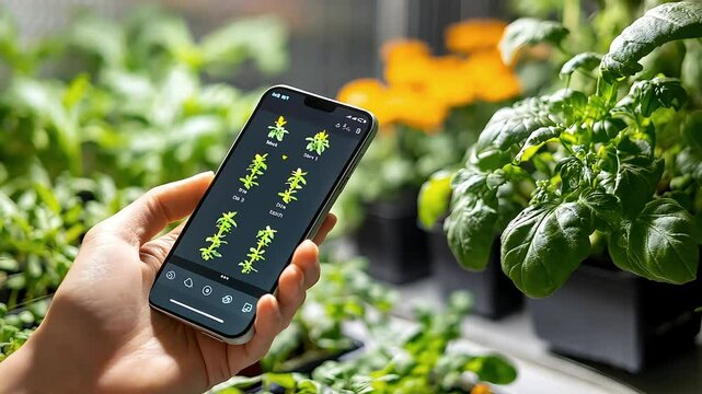A person holds a smartphone displaying plant growth data, surrounded by vibrant greenery in a garden setting.