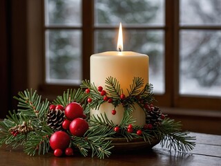 Vibrant red viburnum berries paired with a warm candle and fresh pine branches, creating a cozy winter arrangement that embodies holiday cheer and beauty