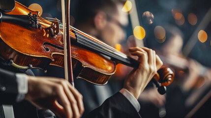 Fototapeta premium Talented Musician Playing Violin or Cello in an Orchestra Concert: Theatre or Opera Performance Featuring Classical Music and Artistic Skill