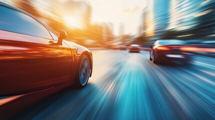 Fast-moving cars racing on an asphalt freeway in a bustling city during rush hour, capturing the energy of modern transportation with motion blur emphasizing speed and fuel use