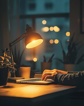 Eye problems Person working at a desk with a lamp at night. eyes care