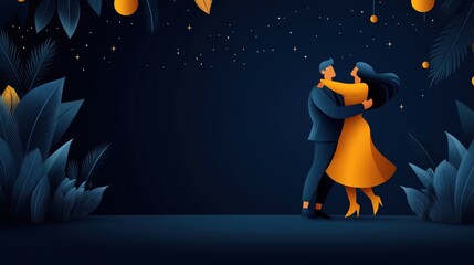 Couple dancing under starry night sky surrounded by tropical leaves and abstract decorations in a vibrant digital artwork.
