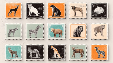 Fototapeta premium Illustration of sixteen vintage-style animal stamps featuring various wildlife including zebras, lions, giraffes, and other animals with textured backgrounds.