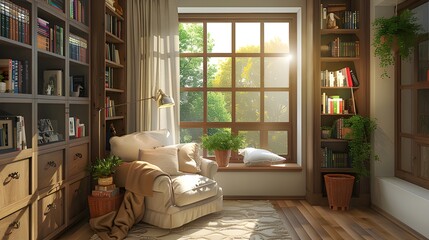 Cozy reading nook with built-in shelves and a comfy armchair
