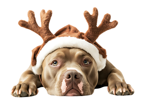 Pitbull Dog in Christmas Day Festival wearing reindeer hat lying down with isolated on transparent background PNG