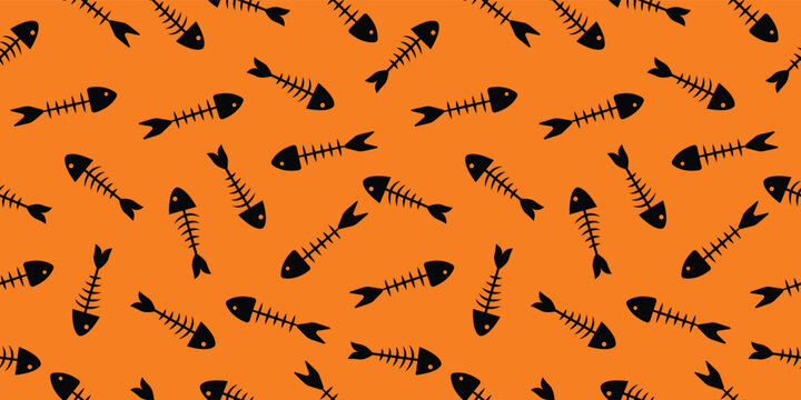 Seamless pattern of fish bones skeleton. Fish bone motif silhouette vector illustration on a orange background