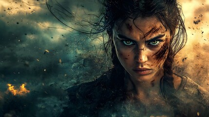 Fierce and Determined Warrior Woman Against Stormy Battlefield