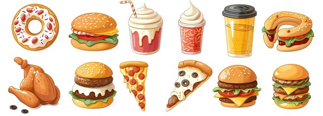 A colorful cartoon illustration of various fast food items including hamburgers, fries, pizza, donuts, chicken, and drinks.