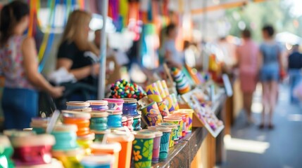 Blurred view of people browsing through a diverse selection of crafts at a community fair.