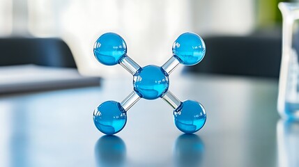 A blue molecular model representing a chemical structure on a laboratory table.