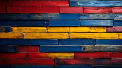 The background is made of wooden boards of different shapes and colors: red, yellow and blue.
