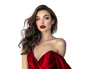Glamorous Woman with Long Wavy Hair in a Red Satin Dress, Posing Confidently and Radiating Elegance, Perfect for Fashion and Lifestyle Themes.