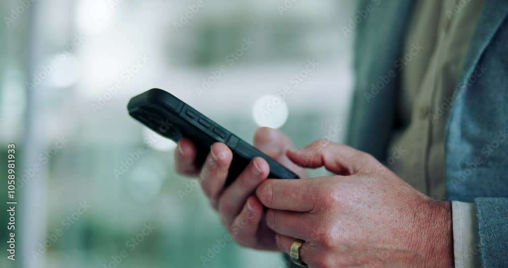 Poster Business, hands and typing with smartphone in office for text message, checking notifications and writing email. Professional, employee and phone for corporate research, communication and networking