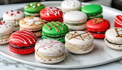Fototapeta premium A stylish dessert table featuring an assortment of Christmas macarons in vibrant colors like red, green, and white, each decorated with modern, abstract holiday designs