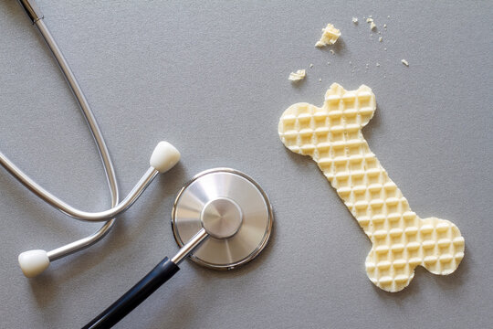 Bone-shaped waffle and stethoscope, fragile, brittle bones, osteoporosis, creative concept
