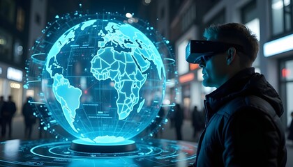 Luminous blue holographic globe, digital and technological interface elements,person working on laptop