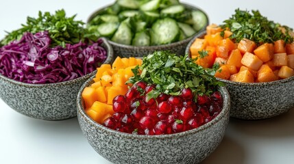 three gourmet salad bowls bursting with fresh ingredients and vibrant colors, elegantly arranged against a clean white backdrop, celebrating healthy eating and culinary creativity