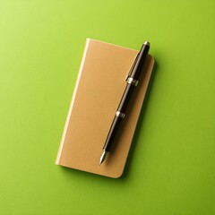 Elegant pen and notebook on vibrant green background