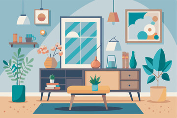 A cozy living room with a yellow sofa, plants, and decor portraying a Scandinavian vibe. Features furniture, plants, and decorative items creating a warm ambiance of comfort and relaxation.