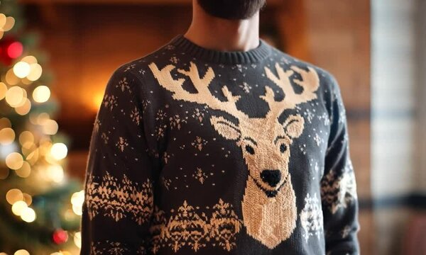 man in knitted christmas sweater with deer motif female fashion