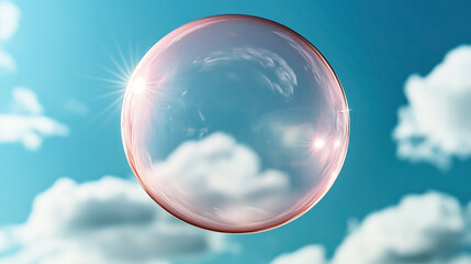 Close-up of a translucent soap bubble reflecting sunlight against a bright blue sky with scattered clouds in the background.
