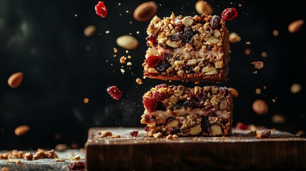 Delicious nut and berry granola bars with rustic wooden background
