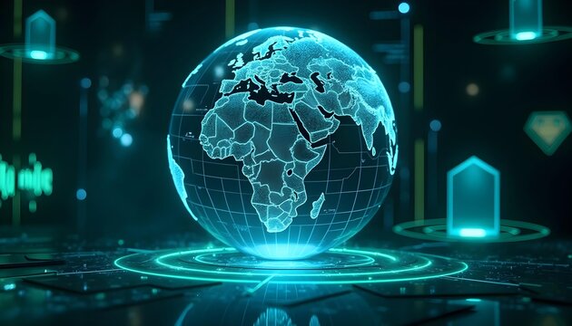 Luminous blue holographic globe, digital and technological interface elements