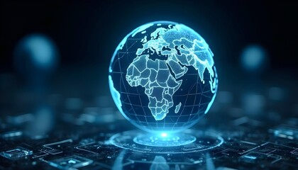 Luminous blue holographic globe, digital and technological interface elements