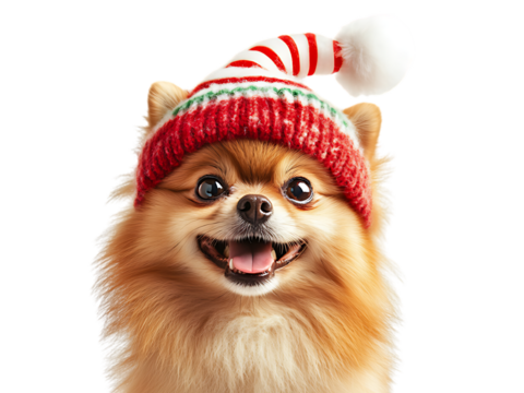 Joyful Pomeranian Dog in Christmas Day Festival wearing candy cane hat lying down with a happy isolated on transparent background PNG