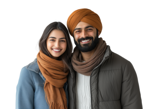 Smiling Sikh Couple in Casual Winter Attire, Indian Man and Woman Portrait, Isolated, Transparent Background