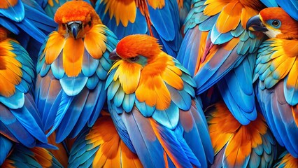 Fototapeta premium Dynamic blue and orange abstract shapes create a vibrant panoramic background.