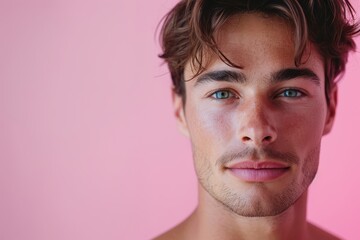 Fototapeta premium Australian man with a striking look posing against a pastel pink backdrop